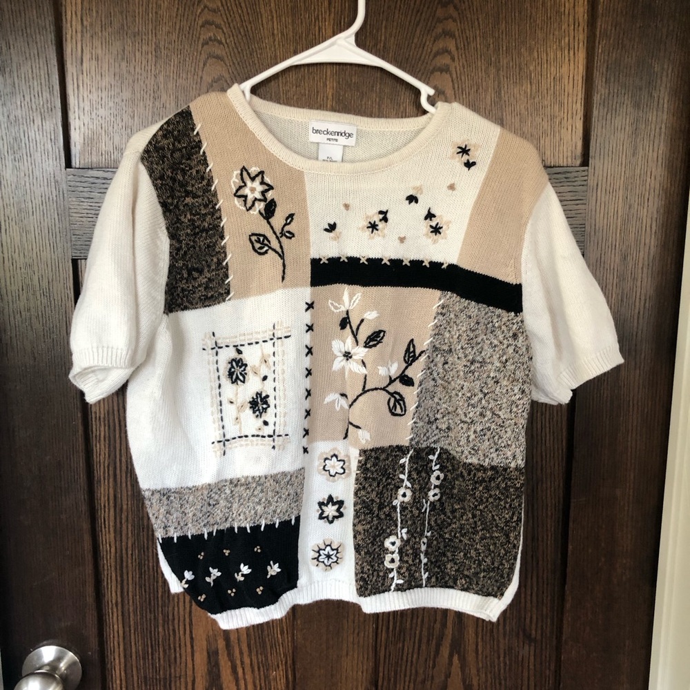 Vintage Breckinridge flower patchwork short sleeve sweater - large petite